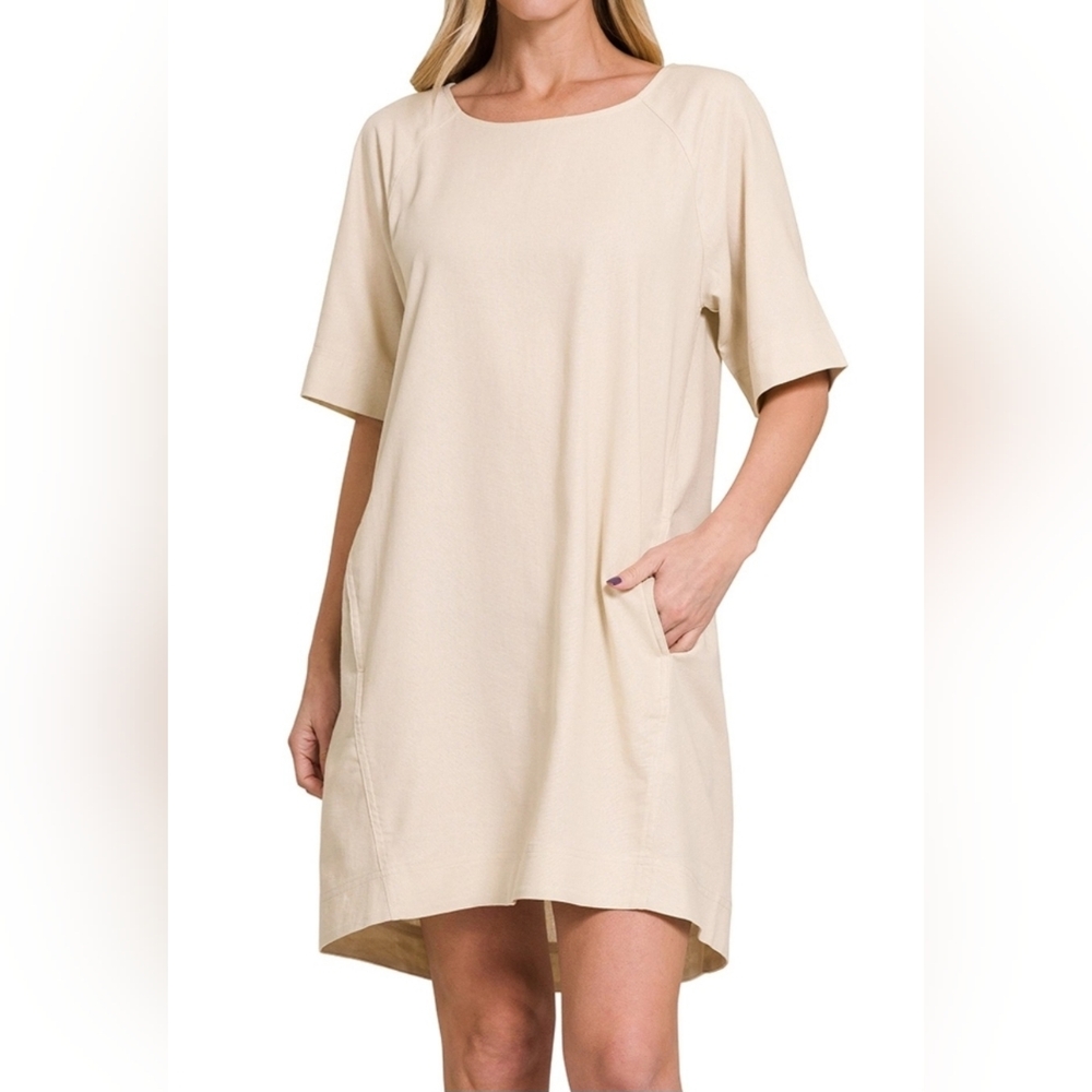 #647 🛑S Oversize Linen Blend Short Sleeve Dress w/ Side Pockets